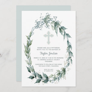 Invitation Elégant Croix Bleue Vert Baptême