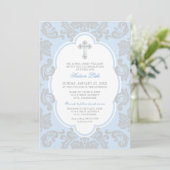 Invitation Elégant croix d'argent bleu Damask Baby Boy Baptis (Debout devant)