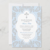 Invitation Elégant croix d'argent bleu Damask Baby Boy Baptis (Devant)