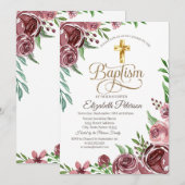 Invitation Élégant Croix d'or Baptême Rose de Bourgogne (Devant / Derrière)