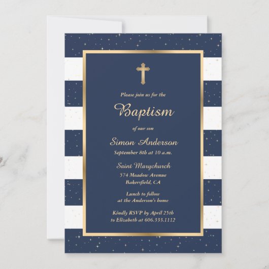 Invitation Élégant Croix d'or bleu moderne Starry Baptism (Devant)