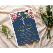 Invitation Elégant Croix d'or bleu Première communion Fille/g