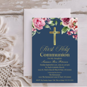 Invitation Elégant Croix d'or bleu Première communion Fille/g