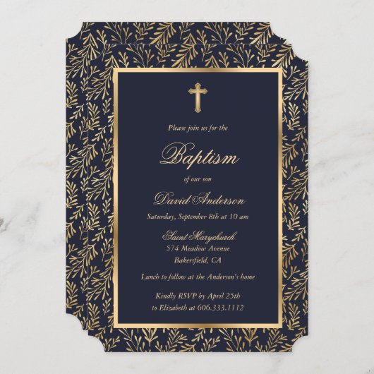 Invitation Elégant Croix d'or bleu vert Boy Baptism (Devant / Derrière)