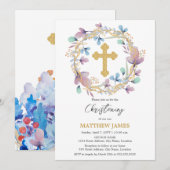 Invitation Elégant Croix d'or Christening Floral (Devant / Derrière)