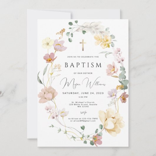 Invitation Elégant Croix d'or et fleurs rousses fille Baptême (Devant)