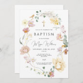 Invitation Elégant Croix d'or et fleurs rousses fille Baptême (Devant / Derrière)