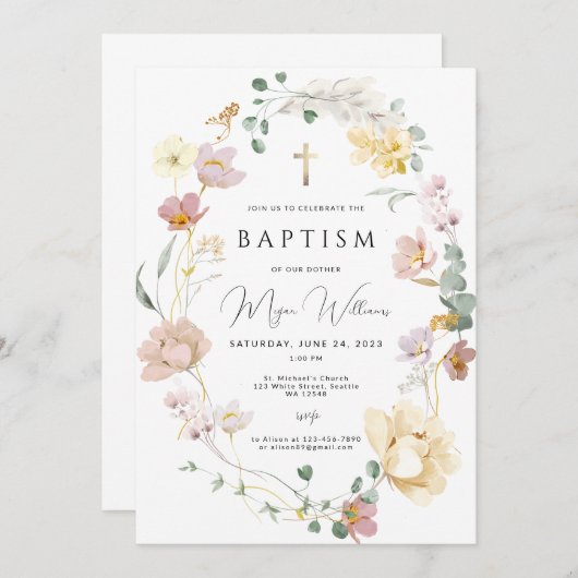 Invitation Elégant Croix d'or et fleurs rousses fille Baptême (Devant / Derrière)