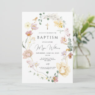 Invitation Elégant Croix d'or et fleurs rousses fille Baptême