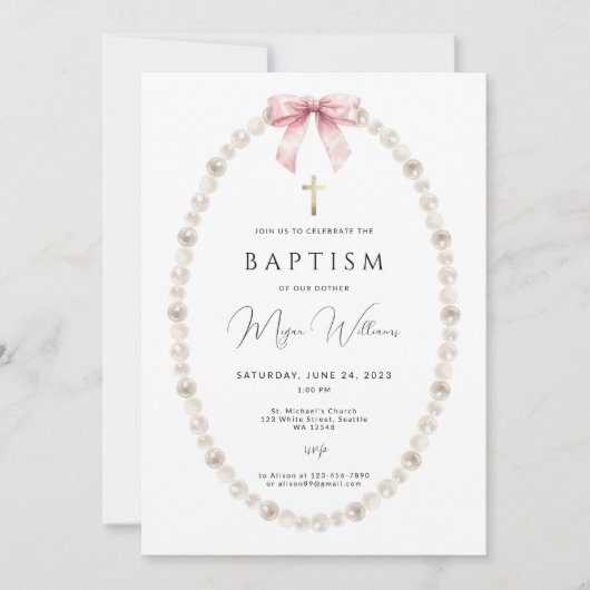 Invitation Elégant Croix d'or et peals fille Baptême (Devant)