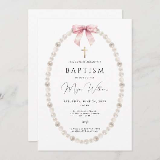 Invitation Elégant Croix d'or et peals fille Baptême (Devant / Derrière)