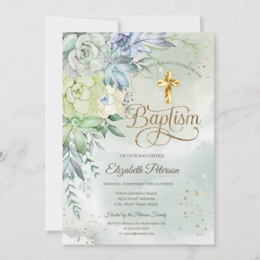 Invitation Élégant Croix d'or Succulents Baptême vert (Devant)