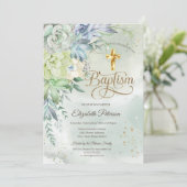 Invitation Élégant Croix d'or Succulents Baptême vert (Debout devant)