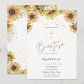 Invitation Élégant Croix d'or tournesol Baptême (Devant / Derrière)