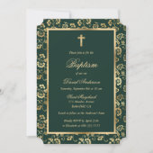 Invitation Élégant croix d'or vert Script floral Baptême (Devant)