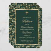 Invitation Élégant croix d'or vert Script floral Baptême (Devant / Derrière)