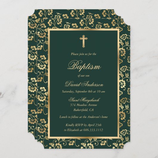 Invitation Élégant croix d'or vert Script floral Baptême (Devant / Derrière)