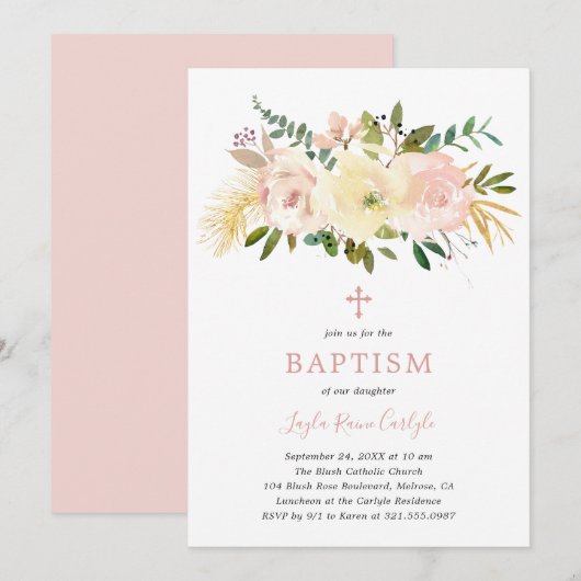 Invitation Élégant croix florale Blush rose Baby Girl Baptism (Devant / Derrière)
