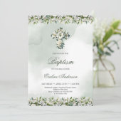 Invitation Élégant croix florale Lys blancs & rose Baptême (Debout devant)