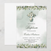 Invitation Élégant croix florale Lys blancs & rose Baptême (Devant / Derrière)