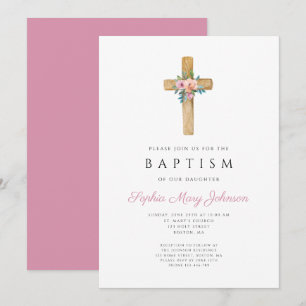 Invitation Élégant croix florale rose Baptême