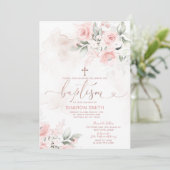 Invitation Élégant croix florale rose baptême baptême (Debout devant)