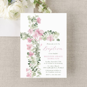 Invitation Élégant Croix Florale Rose pour Baptême de Fille