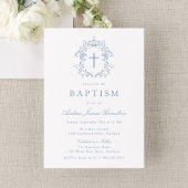 Invitation Élégant Croix Florale Vintage Bleu Baptême
