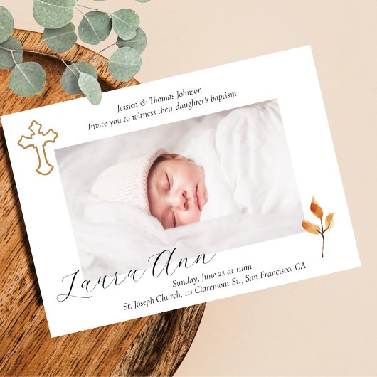 Invitation Elégant Croix minimal Baby Photo Baptême