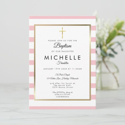Invitation Elégant Croix Or rose Baptême Baptême Baptême Bapt (Debout devant)