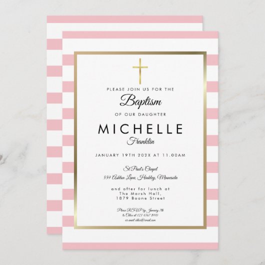 Invitation Elégant Croix Or rose Baptême Baptême Baptême Bapt (Devant / Derrière)