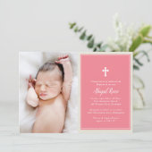 Invitation Élégant croix rose photo Baptême Christening (Debout devant)