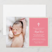 Invitation Élégant croix rose photo Baptême Christening (Devant / Derrière)
