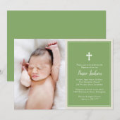 Invitation Elégant Croix Vert Photo Baptême Christening (Devant / Derrière)