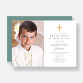 Invitation Elégant Croix Verte Photo Boy First Communion