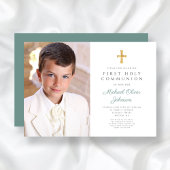 Invitation Elégant Croix Verte Photo Boy First Communion