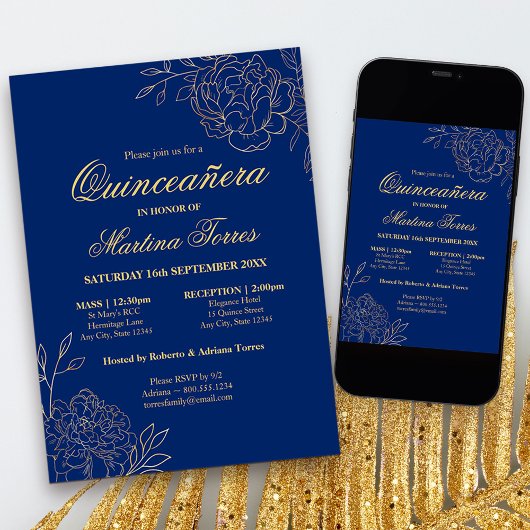 Invitation Elégant croquis Royal Blue Gold Quinceanera Floral