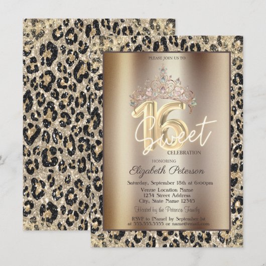 Invitation Elegant Crown Leopard Print Sweet 16 (Devant / Derrière)