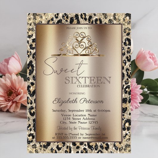 Invitation Elegant Crown Leopard Print Sweet 16  
