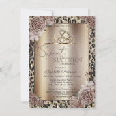 Invitation Elegant Crown Roses Leopard Print Sweet 16 (Devant)