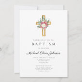 Invitation Élégant culte croisé rose floral Baptême (Devant)