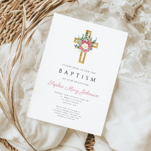 Invitation Élégant culte Croix rose florale fille Baptême