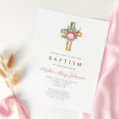 Invitation Élégant culte Croix rose florale fille Baptême