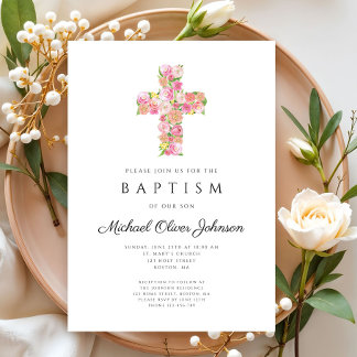 Invitation Élégant culte floral rose croix Baptême