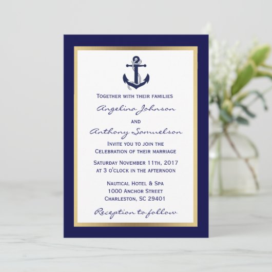Invitation Elégant Custom Navy Blue Nautical Wedding Invite (Debout devant)