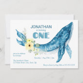 Invitation Elégant Cute Blue Whale Jaune Floral 1er anniversa (Devant)