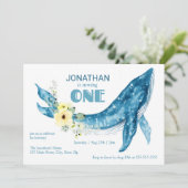 Invitation Elégant Cute Blue Whale Jaune Floral 1er anniversa (Debout devant)