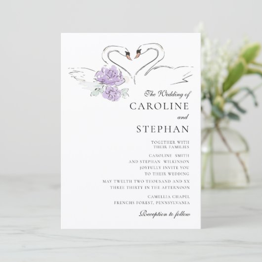 Invitation Élégant Cygne Aquarelle Florale Site Web de Mariag (Debout devant)