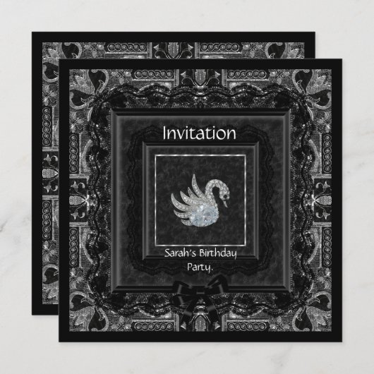 Invitation Elégant cygne en dentelle noire Brocade 2 (Devant / Derrière)