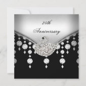 Invitation Élégant Cygne Noir et Blanc Argenté pour 25e Anniv (Devant)